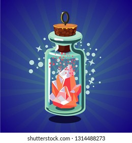 Fantasy catoon bottle with crystal. Bright magic stone. Game design concept.