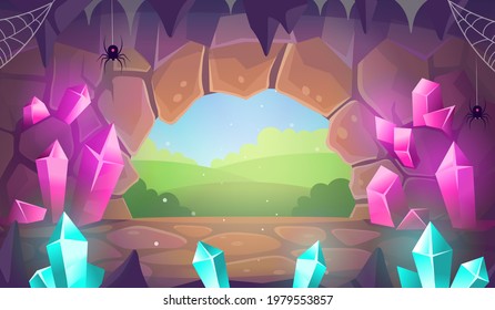 Fantasy cave with crystals. Exit from the cave.Illustration in cartoon style for games.