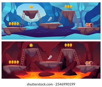 Fantasy Höhle Spiel Landschaft Vektor-Set. Blazing Magma und Felsen Plattformen mit Leiter und Auszeichnungen Leistungen. Cartoon-Illustration der Eishöhle mit Wasser, Preisschlüssel, Münzen, Sternen und Schatztruhe