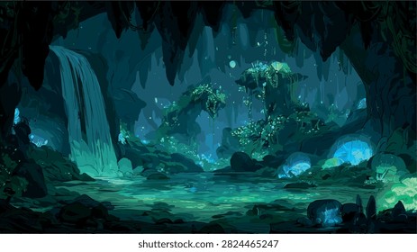 Fantasy Cave Landscape with Bioluminescent Plants and Flowing Waterfall