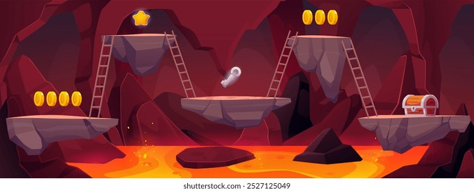 Fantasy Höhlenlandschaft mit explodierendem Magma und Felsplattformen mit ausgezeichneten Leistungen. Cartoon Illustration von heißen Lava und Preise Schlüssel, Münzen, Sterne und Schatztruhe. Vektor Spiel Hölle Tunnel