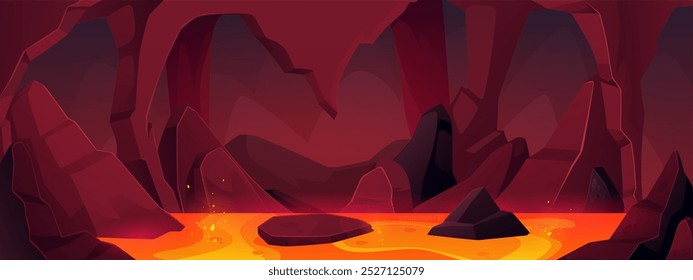 Paisagem de cavernas de fantasia com magma em chamas. Ilustração em desenho animado de caverna com rochas, lava quente e líquido vermelho em chamas. Vetor infernal jogo fundo subterrâneo, pedra montanha inferno túnel