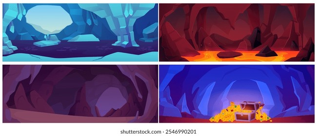 Fantasy Höhle Landschaft Vektorsatz. Cartoon Illustrationen von Steinhöhle mit Felsen, loderndem Magma, Schatztruhe, Eistunnel mit Wasser. Mine unterirdisch Spiel Hintergrund