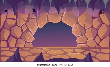 Cueva de fantasía con arañas. Salida de la cueva.Ilustración en estilo de caricatura para juegos. El fondo es impecable.