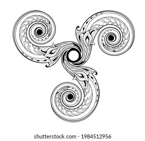 Fantasía Ornamento de disco celta con triple espiral y símbolos bretones. Símbolo étnico de espiral de goteo. Imprimir para logotipo, icono, tatuaje. Ornamento de círculo geométrico popular. Vector blanco y negro.