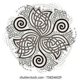 Fantasy Celtic disk ornament with triple spiral symbol, vector image.