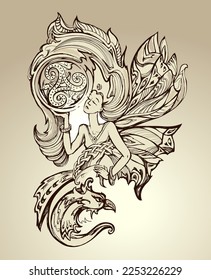 Fantasy Celtic fairy with triple spiral symbol. Beautiful Gothic Western Europe decoration. Template for t-shirt, badge, sticker, poster, greeting card or background for your project. Vector drawing.