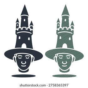 Fantasy character with castle hat. Imaginary kingdom concept. Medieval dream. Isolated on white