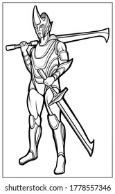 Fantasy character, elf warrior, tall, strong, muscular, in light open armor and helmet, with large, sharp swords, one leaned on his shoulder, lowered other to the floor, in full growth, no background.