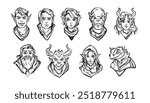 Fantasy character face collection, vector dungeon dragon game avatar set, medieval warrior, troll. Magic legend RPG hero kit, male female elf, scary creature, beard dwarf portrait. Fantasy character