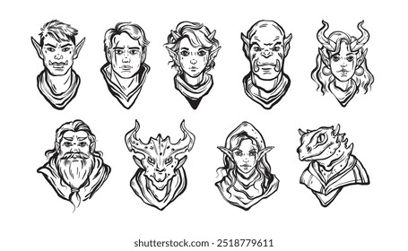 Fantasy character face collection, vector dungeon dragon game avatar set, medieval warrior, troll. Magic legend RPG hero kit, male female elf, scary creature, beard dwarf portrait. Fantasy character