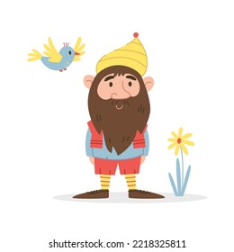 Fantasy character garden gnome in a hat with a bird and a flower. Vector isolated flat illustration