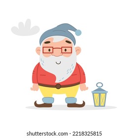 Fantasy character garden gnome in a hat, glasses, with a cloud and a flashlight. Vector isolated flat illustration