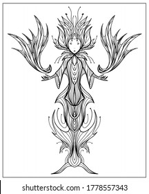 Fantasy character, little flower fairy, cute, with big leaves and a antennae on her head, with small eyes, in dress, standing on beautiful stand with small legs, creating new magic, with smooth lines.