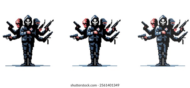 Fantasy character in masks and dark clothes on a white background in pixel style