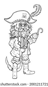 Fantasy character with pointed ears, formidable captain cat with a hook and mouse, frowning cartoon pirate in a hat with a feather and skull, animal with mustache and beards, in a coat and high boots.