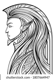 Fantasy character in profile, magic Elf King in crest or crown forming an arch, with big pointed ears and chin, in fairytale armour with pattern intertwining, with thick wavy long hair no background.