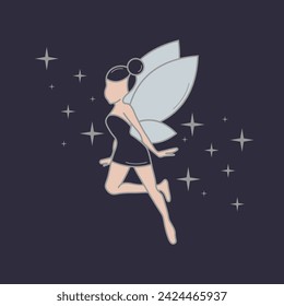 Сelestial fantasy character, shimmering fairy for kids in y2k cartoon style. Silhouette of a beautiful flying sprite. Deep blue nighttime fairy. Magic, fantasy, hand-drawn, isolated