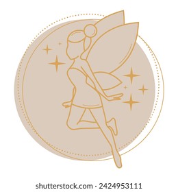 Сelestial fantasy character, shimmering fairy for kids in y2k cartoon style. Silhouette of a beautiful flying sprite. Golden pastel fairy. Magic, fantasy, hand-drawn, isolated