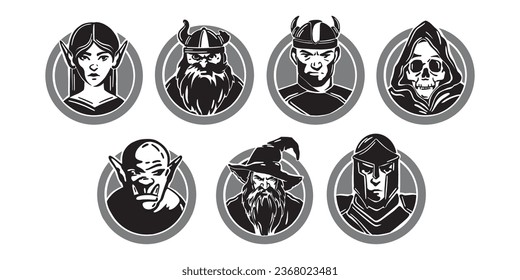 Fantasy character silhouette avatar, vector medieval RPG game role classes icon set, magic wizard. Female elf face, warrior knight fighter, troll, viking head, fairy tale orc, death. Fantasy character