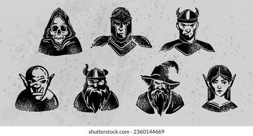 avatar de juego de silueta de personaje de fantasía, conjunto de iconos de clases de rol de RPG medievales vectoriales, asistente de magia. Cara de elfos, guerrero caballero luchador, trol, cabeza de vique, orco de cuento de hadas, muerte. Carácter fantasmal