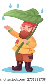 Personaje de fantasía bajo la hoja verde que se esconde de las gotas de lluvia