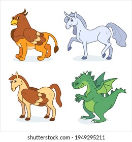 Fantasy characters design collection. Cartoon magic animals set. Griffin, unicorn, dragon, pegasus. 