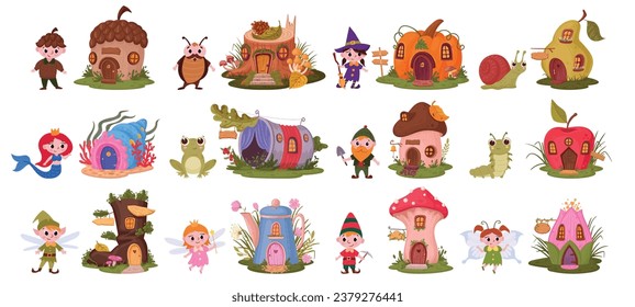 Fantasy characters and houses. Cartoon fairytale cute gnome, mermaid, little witch and fairy flat vector illustration set. Fairy tale elements collection