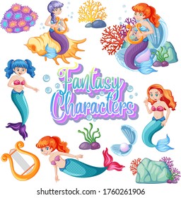 Fantasy characters logo with mermaids on white background illustration