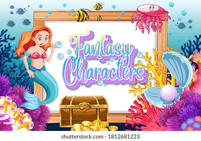 Fantasy characters logo with mermaids on undersea background illustration