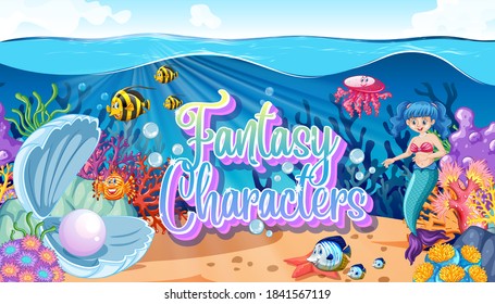 Fantasy characters logo with mermaids on undersea background illustration