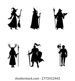 Fantasy Characters Silhouettes Set. Wizard Warrior Magic Figures. Vector Collection