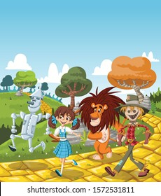 Fantasy characters walking on the yellow brick road.
