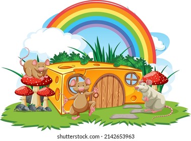 Fantasy-Käsehaus mit Regenbogen in der Himmelsgrafik