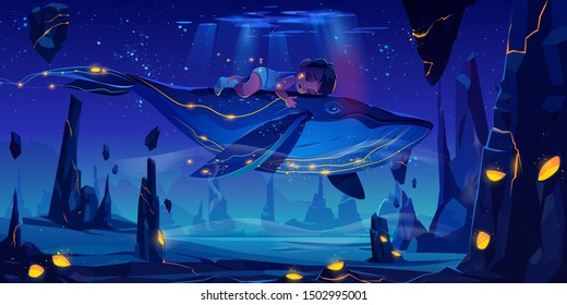 Fantasy child dream, fairy tale background with little baby sleeping on huge whale flying in night neon sky over phantasmagoric alien planet surface with rocks and craters Cartoon vector illustration