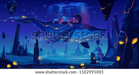 Fantasy child dream, fairy tale background with little baby sleeping on huge whale flying in night neon sky over phantasmagoric alien planet surface with rocks and craters Cartoon vector illustration