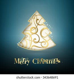 Fantasy christmas fir tree. Happy new year card over blue background. Vector illustration.