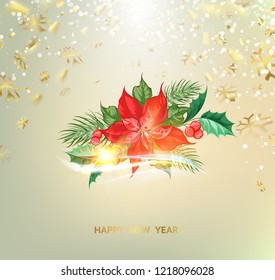 Fantasy christmas fir tree with poisettia flower and golden confetti on background. Vector illustration