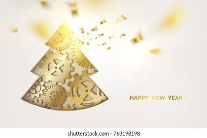 Fantasy christmas fir-tree of gears and golden confetti falls isolated over white background. Vector illustration.