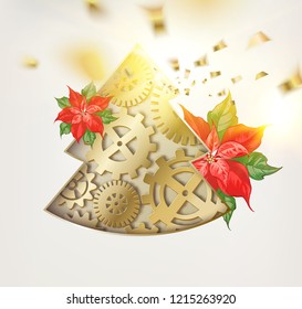 Fantasy christmas fir-tree of gears with red poinsettia flower and golden confetti falls isolated over white background. Vector illustration.