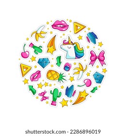 Círculo de fantasía. símbolos pegajosos estilo retro unicornio labra flechas de diamante. Plantilla de fondo del vector