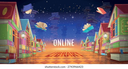 Fantasy city made of books with floating stacks and flying books leading to online education concept. Night sky background with glowing lights. Vector illustration banner.