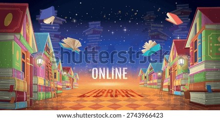 Fantasy city made of books with floating stacks and flying books leading to online education concept. Night sky background with glowing lights. Vector illustration banner.