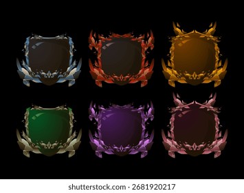 Fantasy Clan Badge Emblem Pack - Crystal RPG Rank Medaillen in Blau, Rot, Gold, Grün, Lila und Rosa für MMORPG, Trading Card Game, Guild Logos, Errungenschaften, Belohnungen und UI Icons