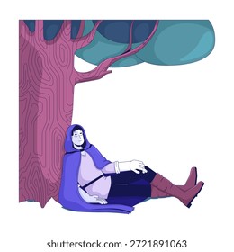 Fantasia camuflar homem descansando pacificamente sob árvore 2D personagem de desenho animado. Cochilo na floresta. Herói ficcional traje medieval com olhos fechados pessoa vetor plana isolado em branco. Ilustração especial colorida