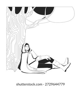 Homem manto de fantasia descansando pacificamente sob a árvore 2D linha personagem. Sono na floresta. Traje medieval herói fictício com olhos fechados isolado vetor tinta pessoa de contorno. Ilustração monocromática
