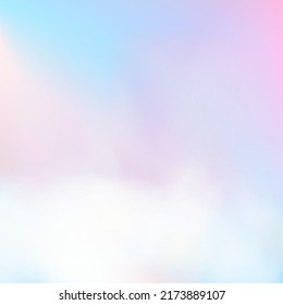 Fantasy cloudy sky with soft blue pink tints. Unicorn fantasy wallpaper with subtle holographic tints. Abstract modern gradient mesh pattern. Vector.