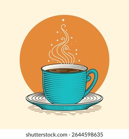 Fantasy Coffee Steam with Stars Hand Drawn Etching Illustration