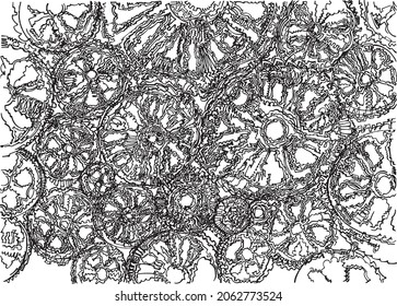 Fantasy cogwheels in dense interaction, freehand drawn illustration