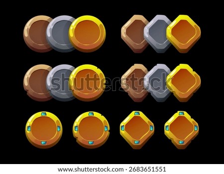 Fantasy coin token pack, rough rustic and clean. Bronze silver gold gem icons. Round and square currency asset. RPG money, reward, ranking medal, shop UI design for mobile and PC games.